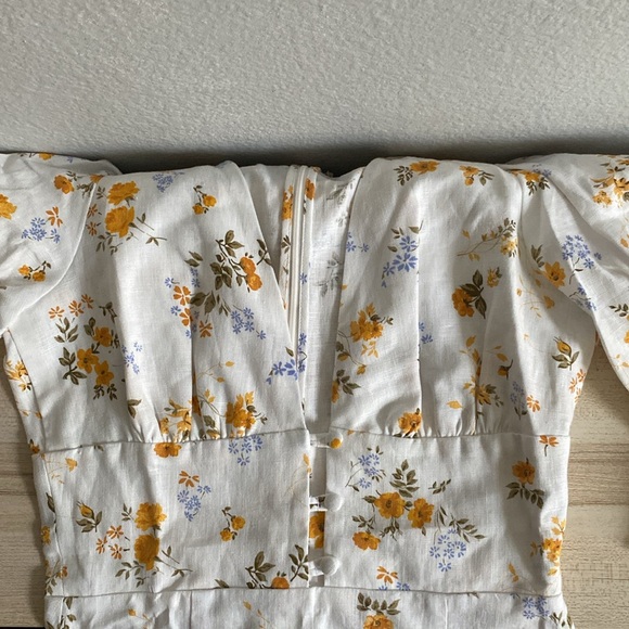 Reformation Maribel Linen Midi Floral Dress Puff Short Sleeves V Neck Tansy 4 - Picture 10 of 14